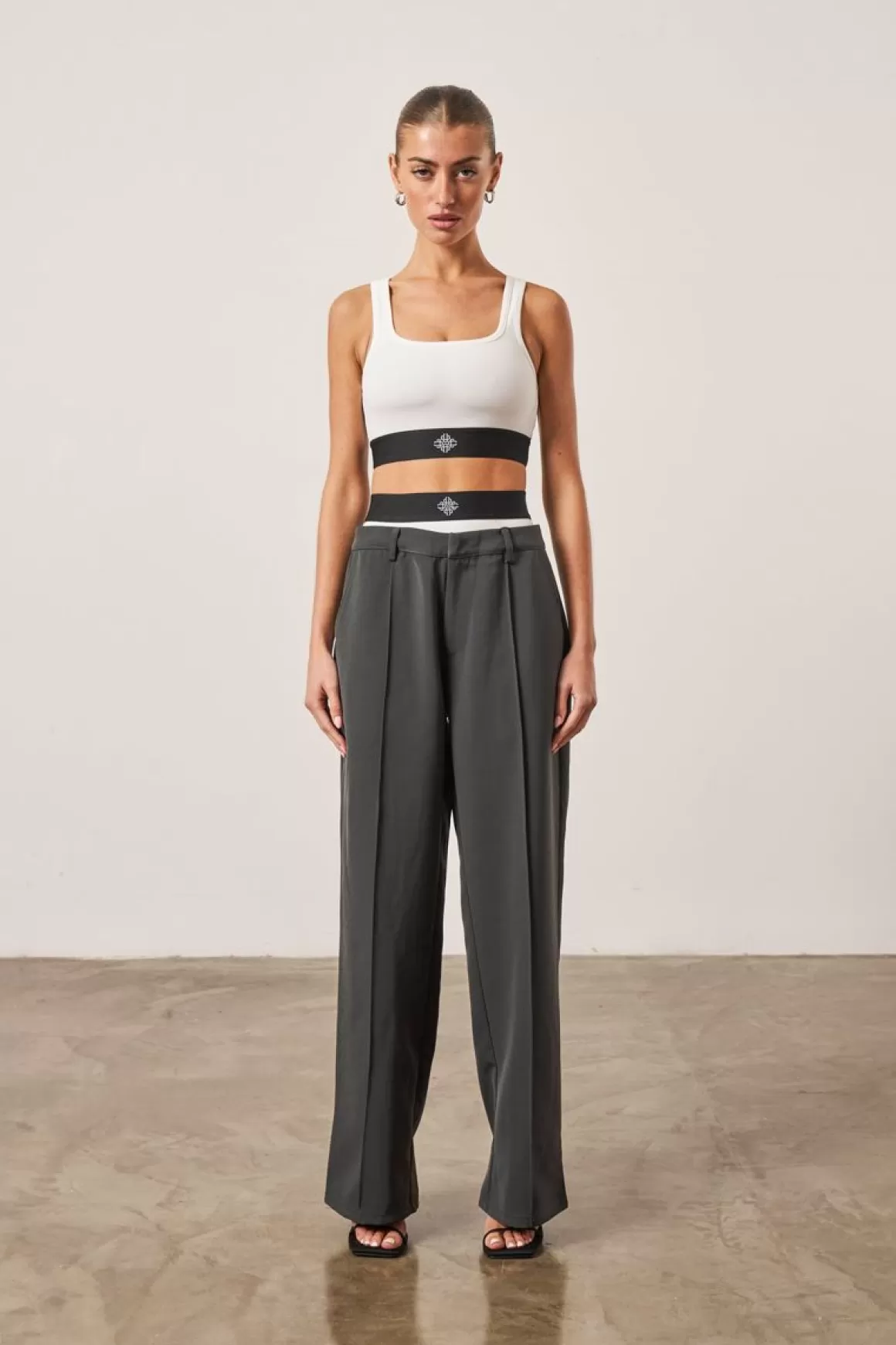 The Couture Club Co Ords & Sets>Branded Elastic Double Layer Trousers Charcoal