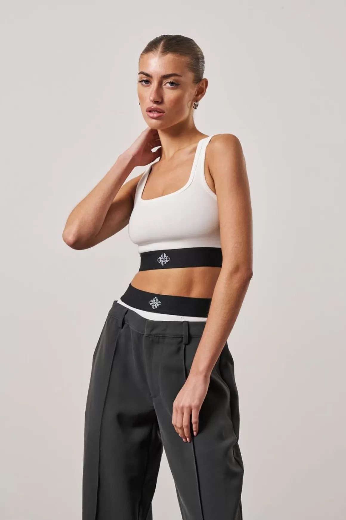 The Couture Club Tops>Branded Elastic Racer Crop Top Offwhite