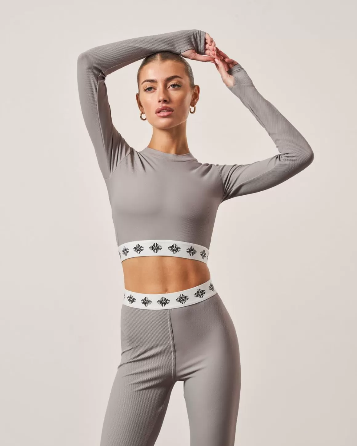 The Couture Club Co Ords & Sets>Branded Waistband Fitted Ribbed Top Grey