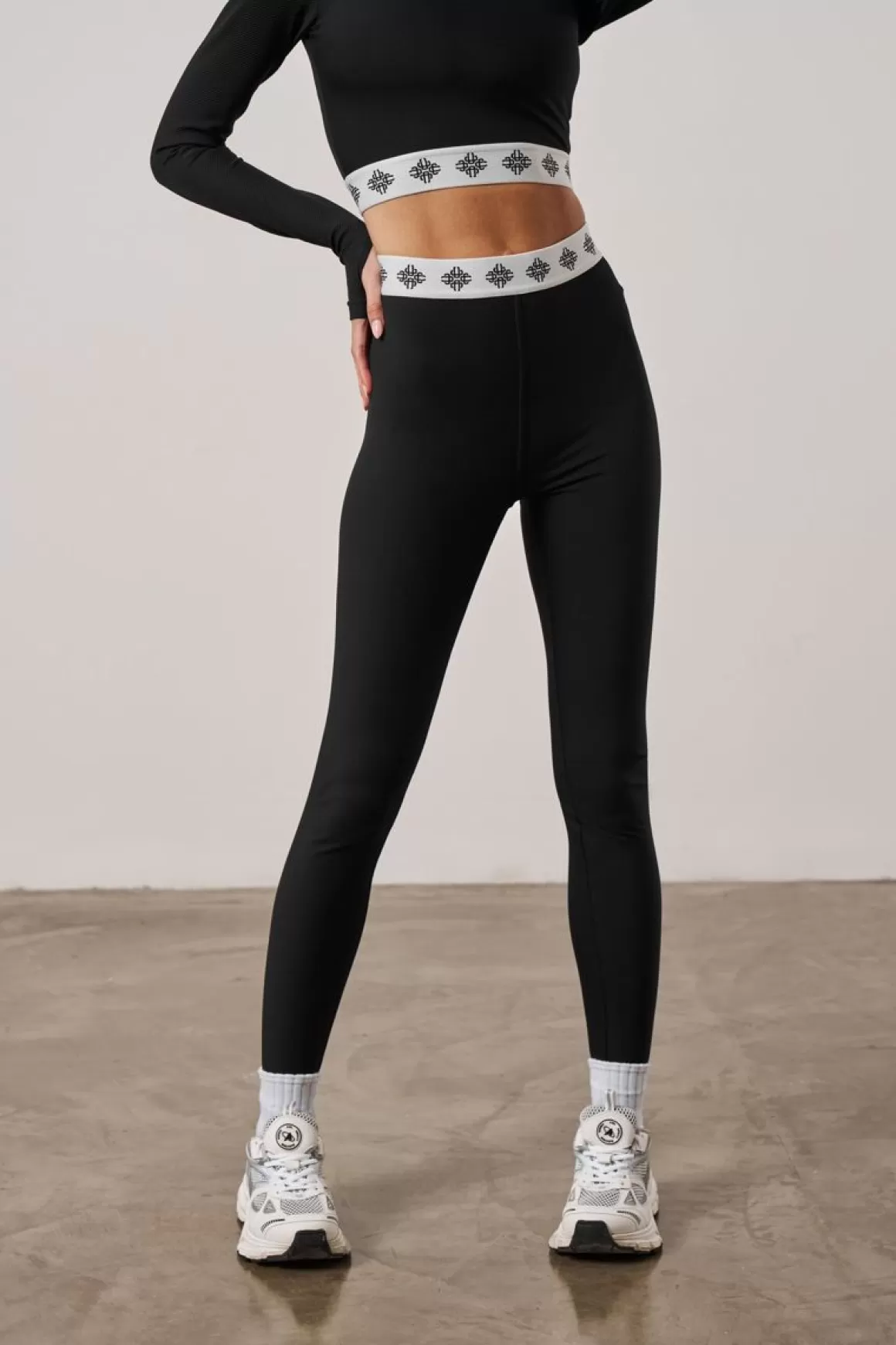 The Couture Club Co Ords & Sets>Branded Waistband Ribbed Leggings Black