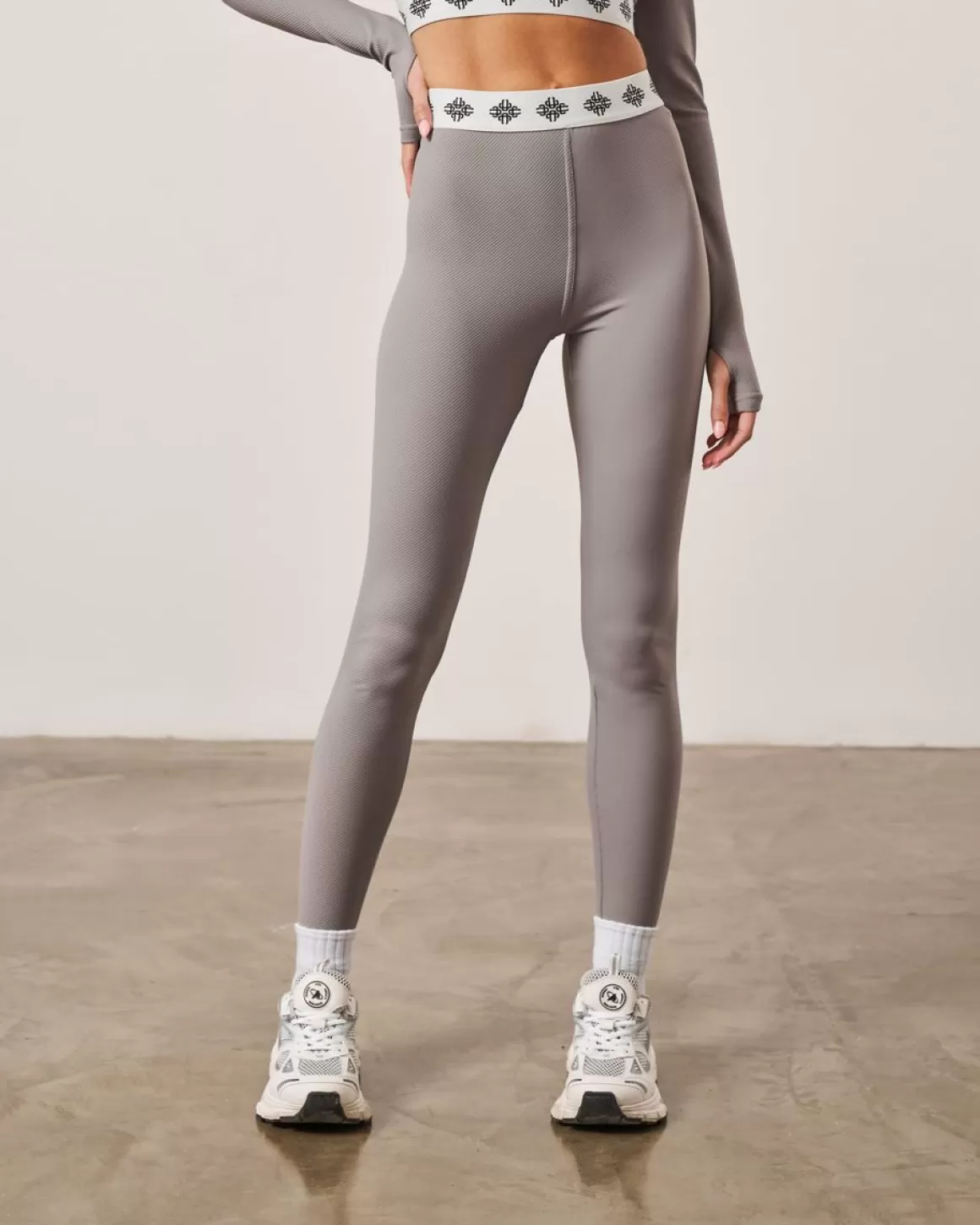 The Couture Club Co Ords & Sets>Branded Waistband Ribbed Leggings Grey