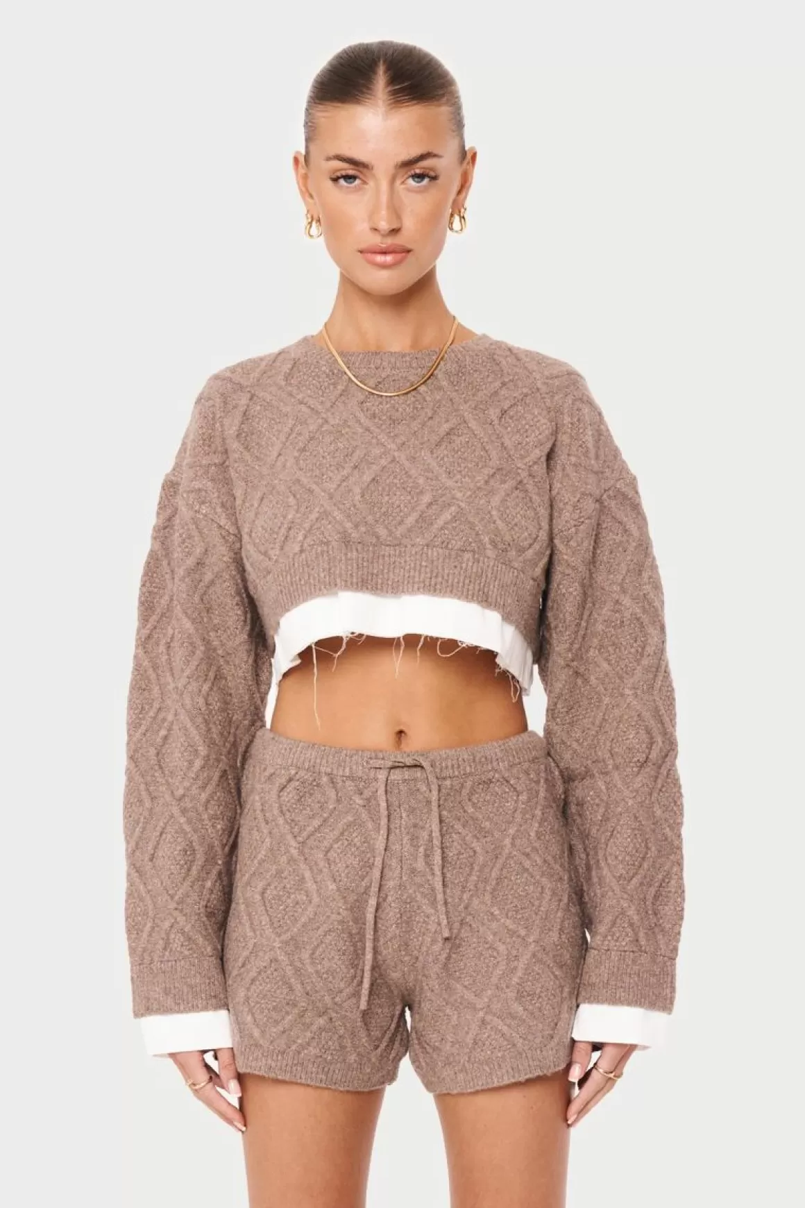 The Couture Club Sweatshirts>Cable Knitted Cropped Sweater Brown