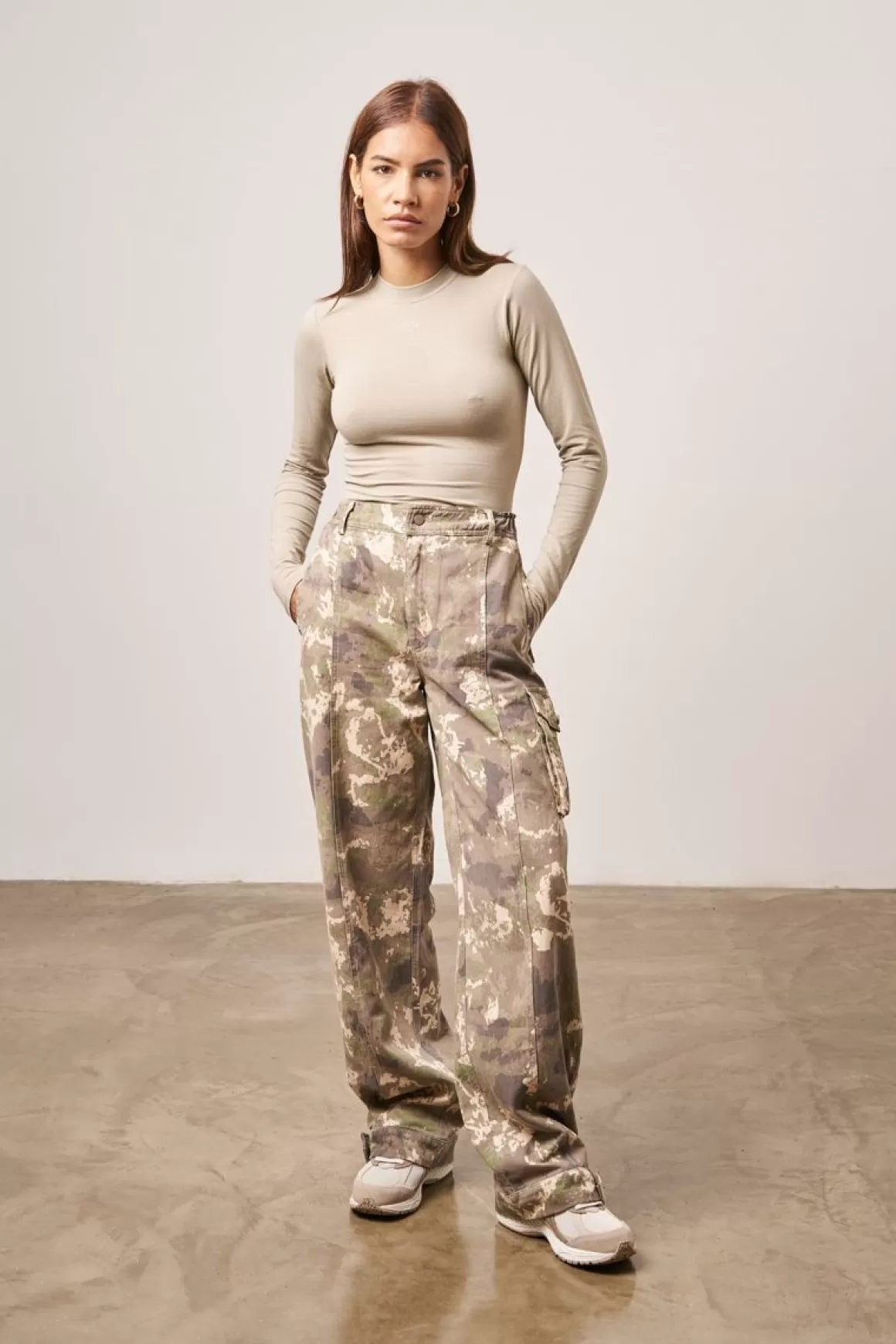 The Couture Club Cargos>Camo Print Relaxed Cargos Beige