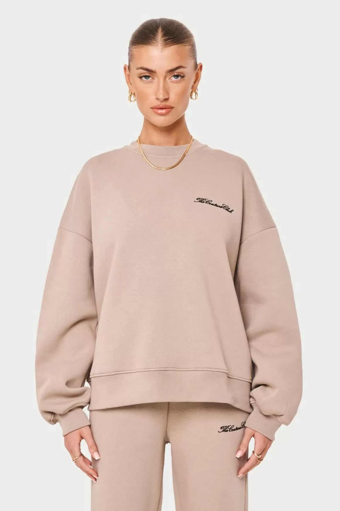 The Couture Club Sweatshirts>Couture Script Puff Sleeve Crew Beige