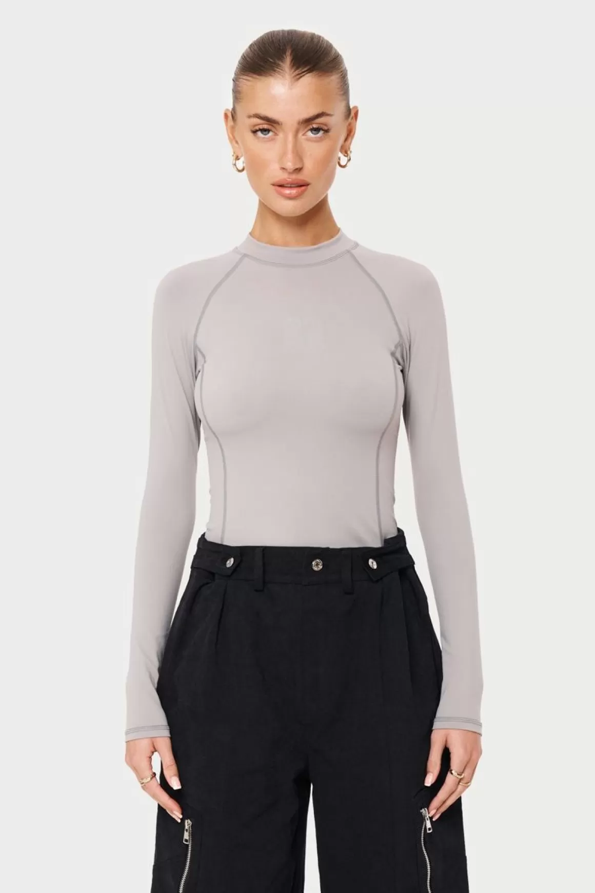 The Couture Club Tops>Ctre Long Sleeve Mock Neck Top Grey