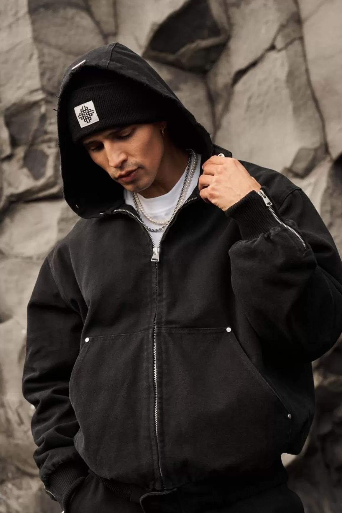 The Couture Club Coats & Jackets>Distressed Woven Canvas Hooded Jacket Washedblack