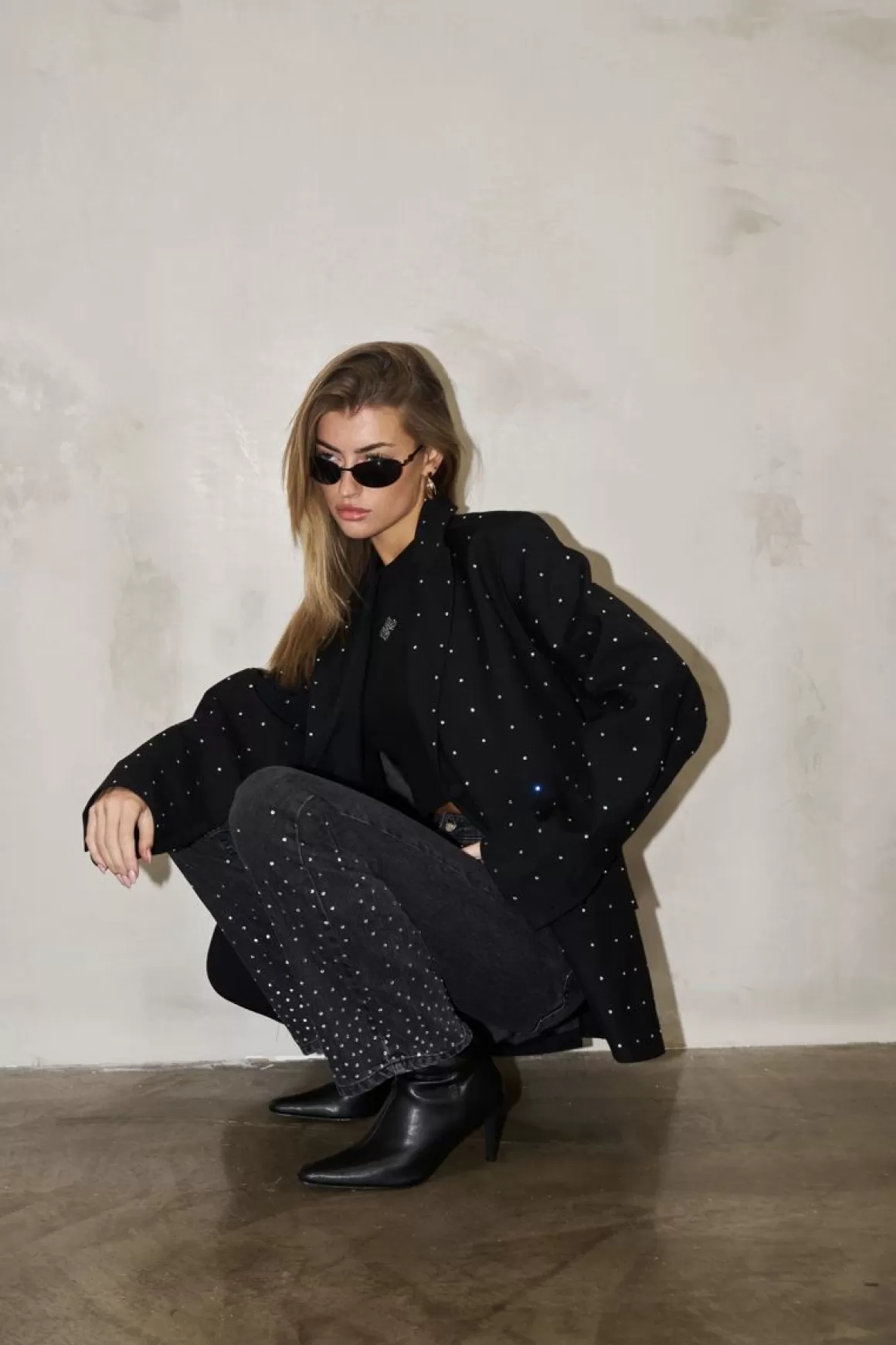 The Couture Club Blazers>Embellished Rhinestone Oversized Blazer Black