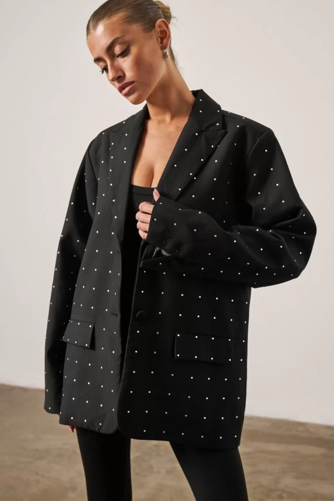 The Couture Club Blazers>Embellished Rhinestone Oversized Blazer Black