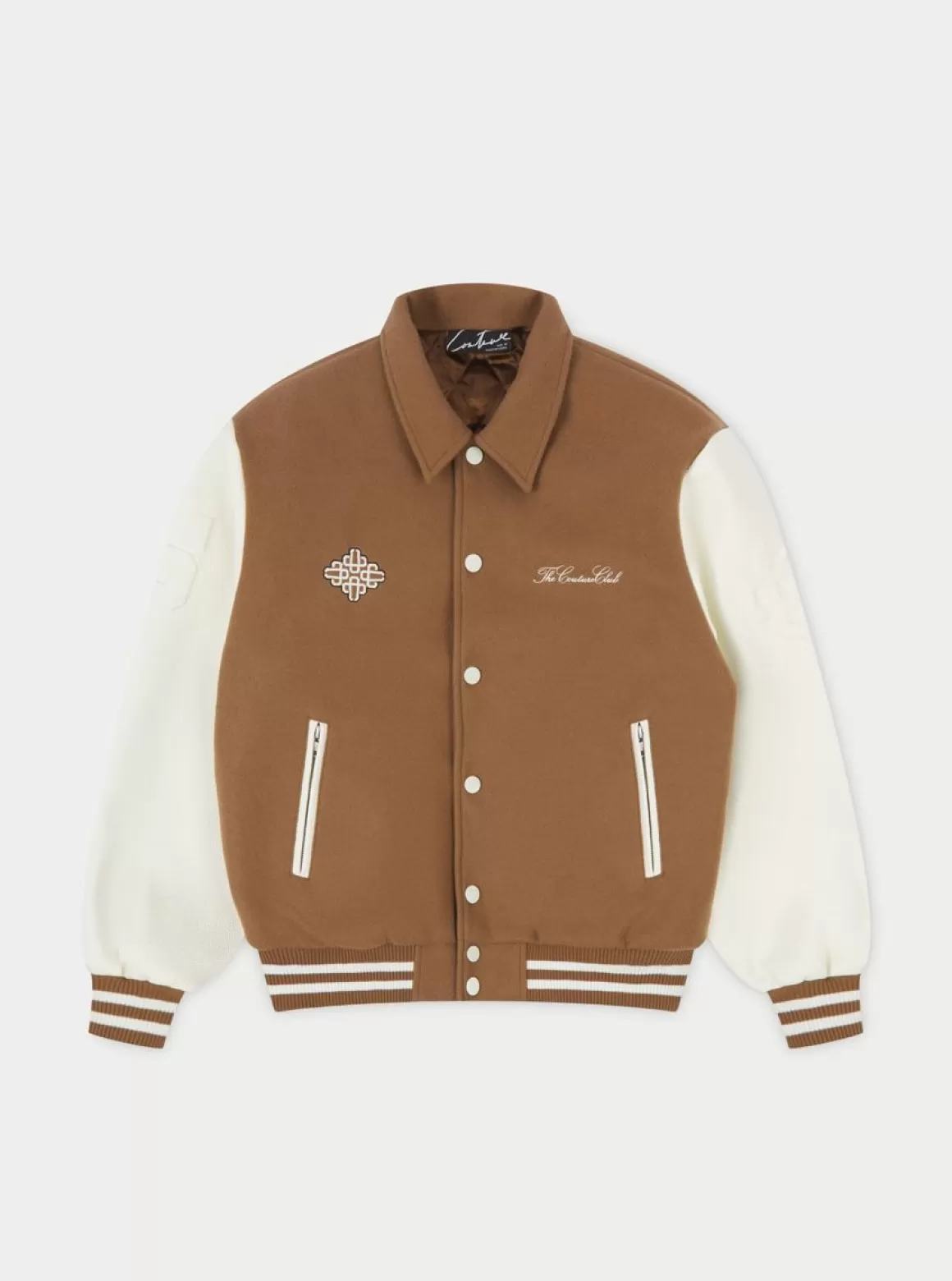 The Couture Club Coats & Jackets>Emblem Chenille Varsity Jacket Brown