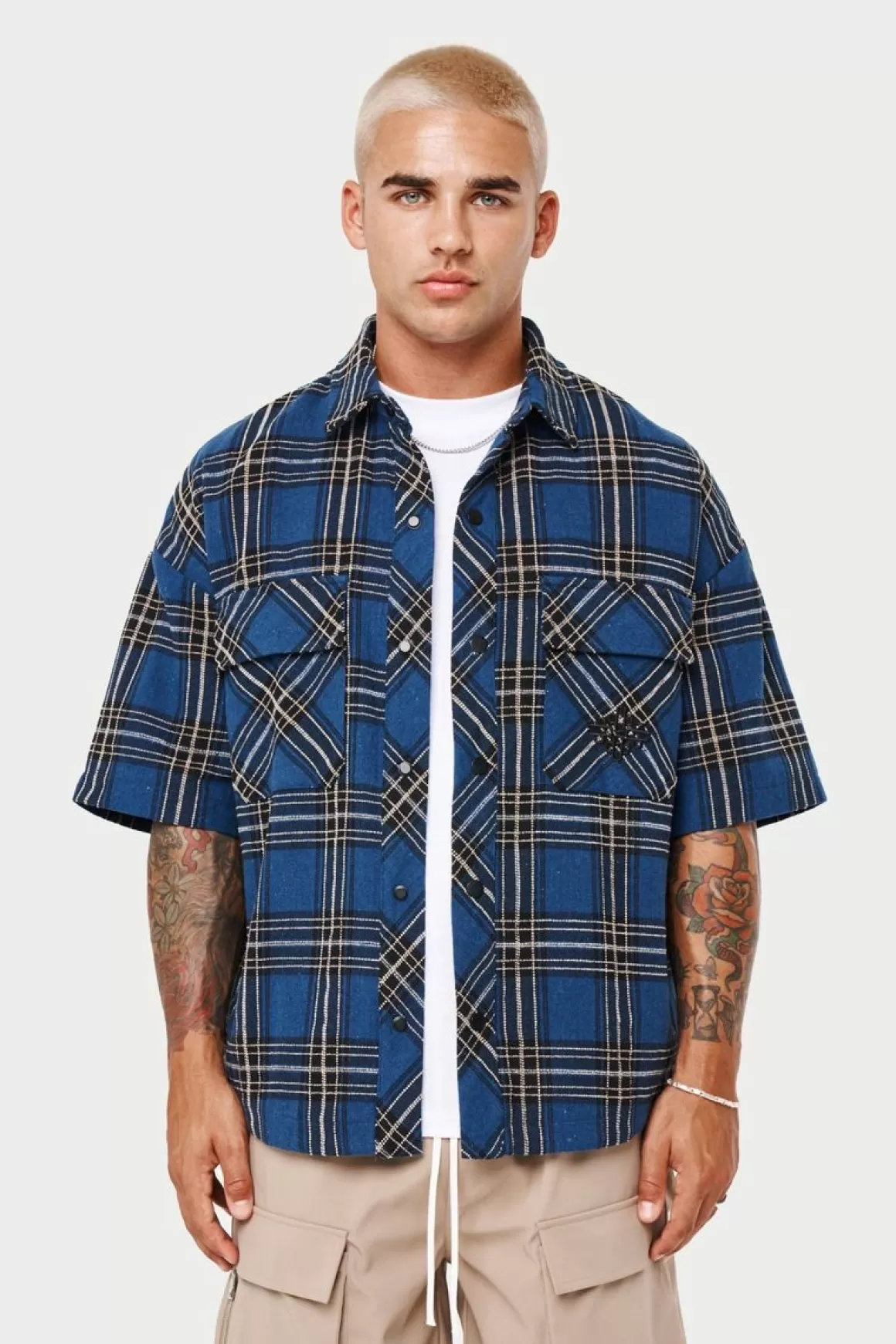 The Couture Club Shirts>Emblem Flannel Overshirt Blue