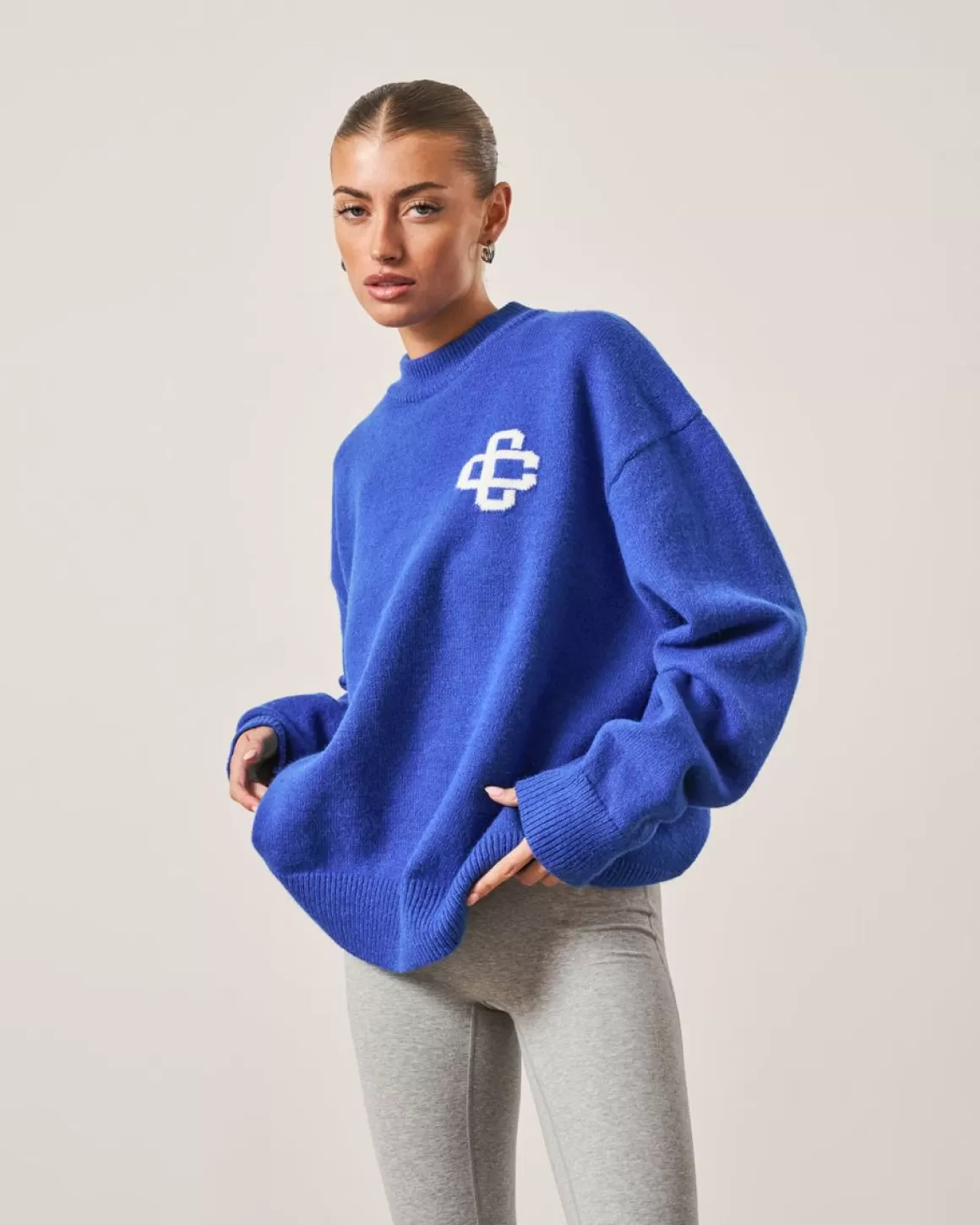 The Couture Club Sweatshirts>Fluffy Knit Emblem Crew Cobalt