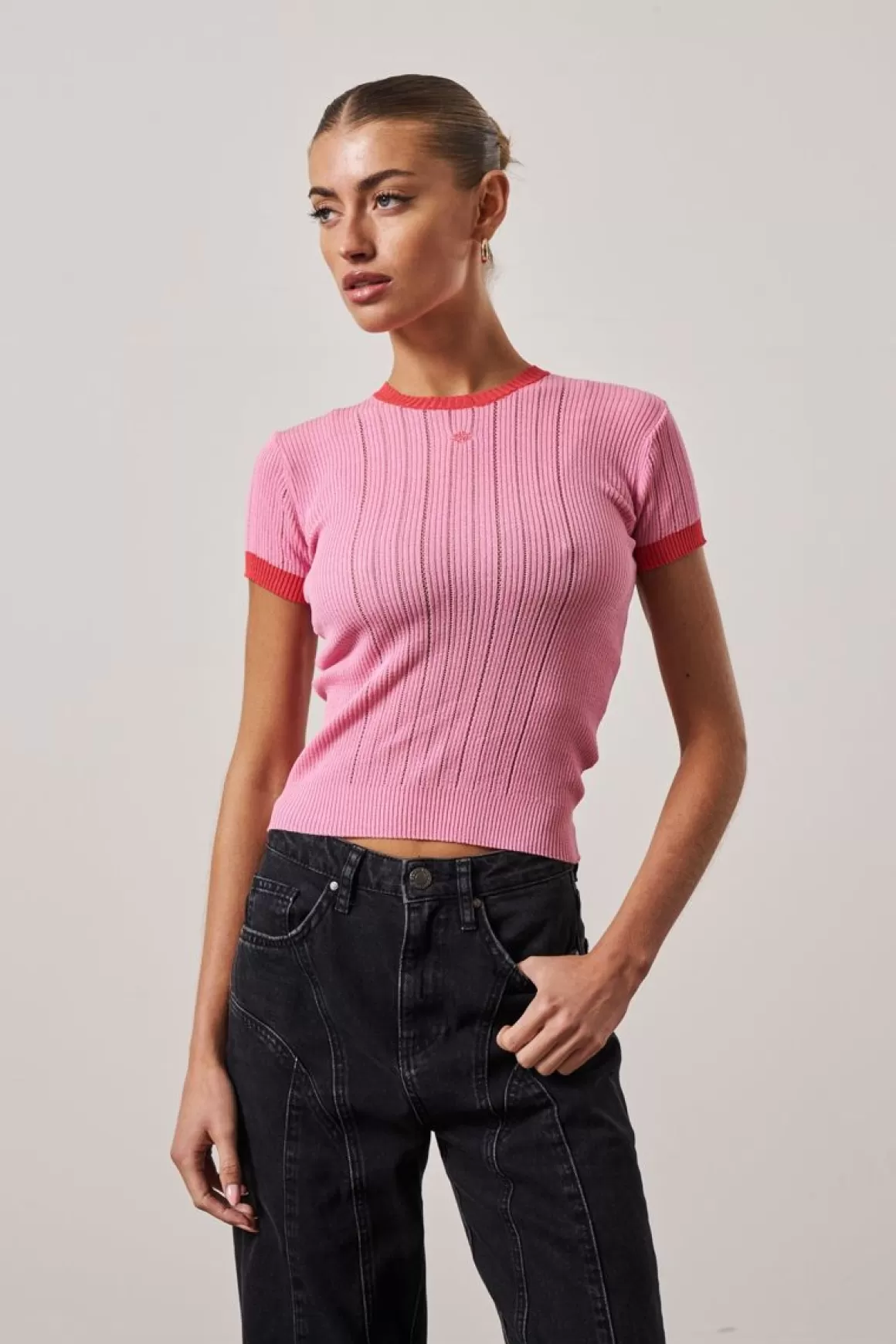 The Couture Club Tops>Knitted Emblem Baby Tee Pink