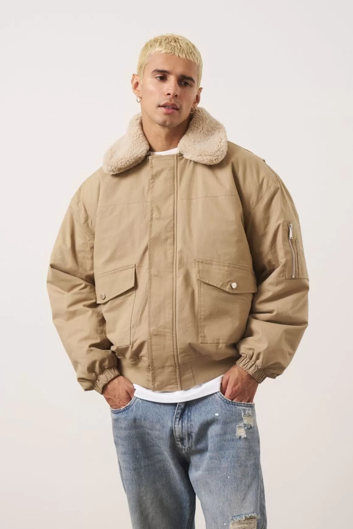 The Couture Club Coats & Jackets>Oversized Borg Detail Bomber Jacket Beige