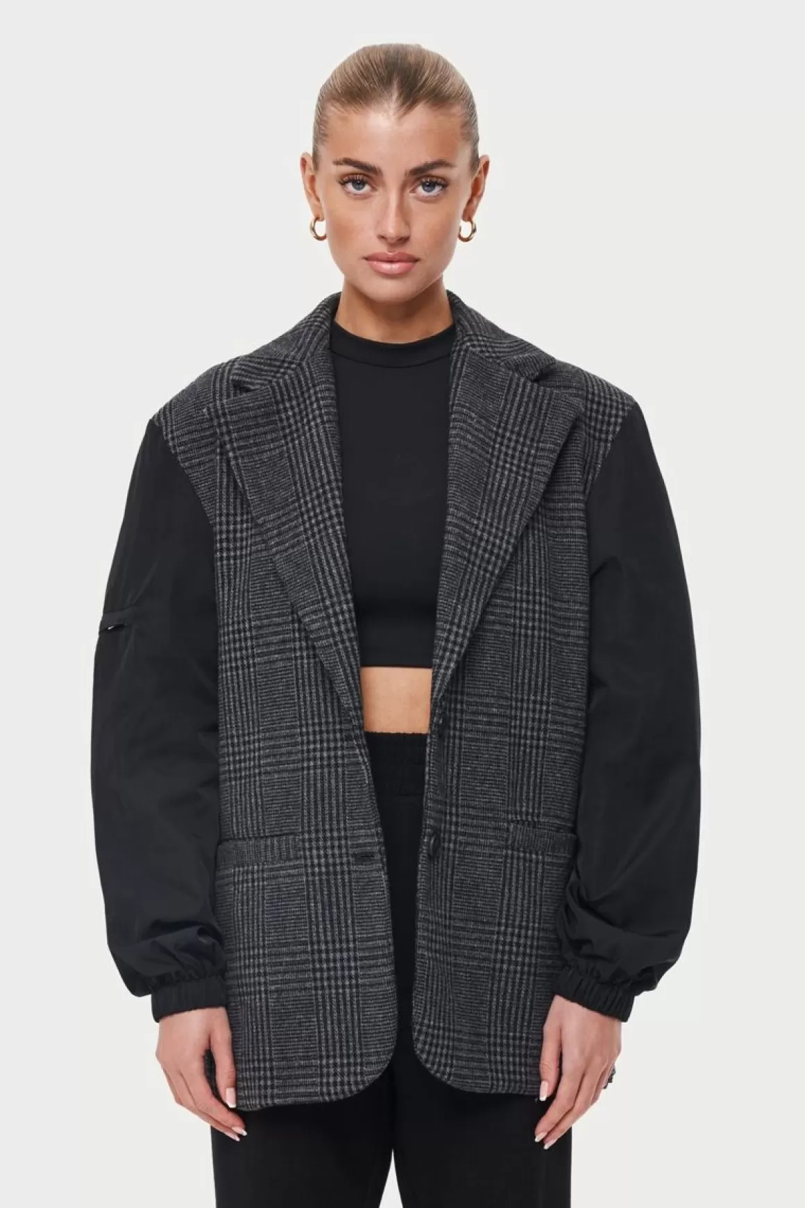 The Couture Club Coats & Jackets>Oversized Check Blazer With Nylon Sleeves Black