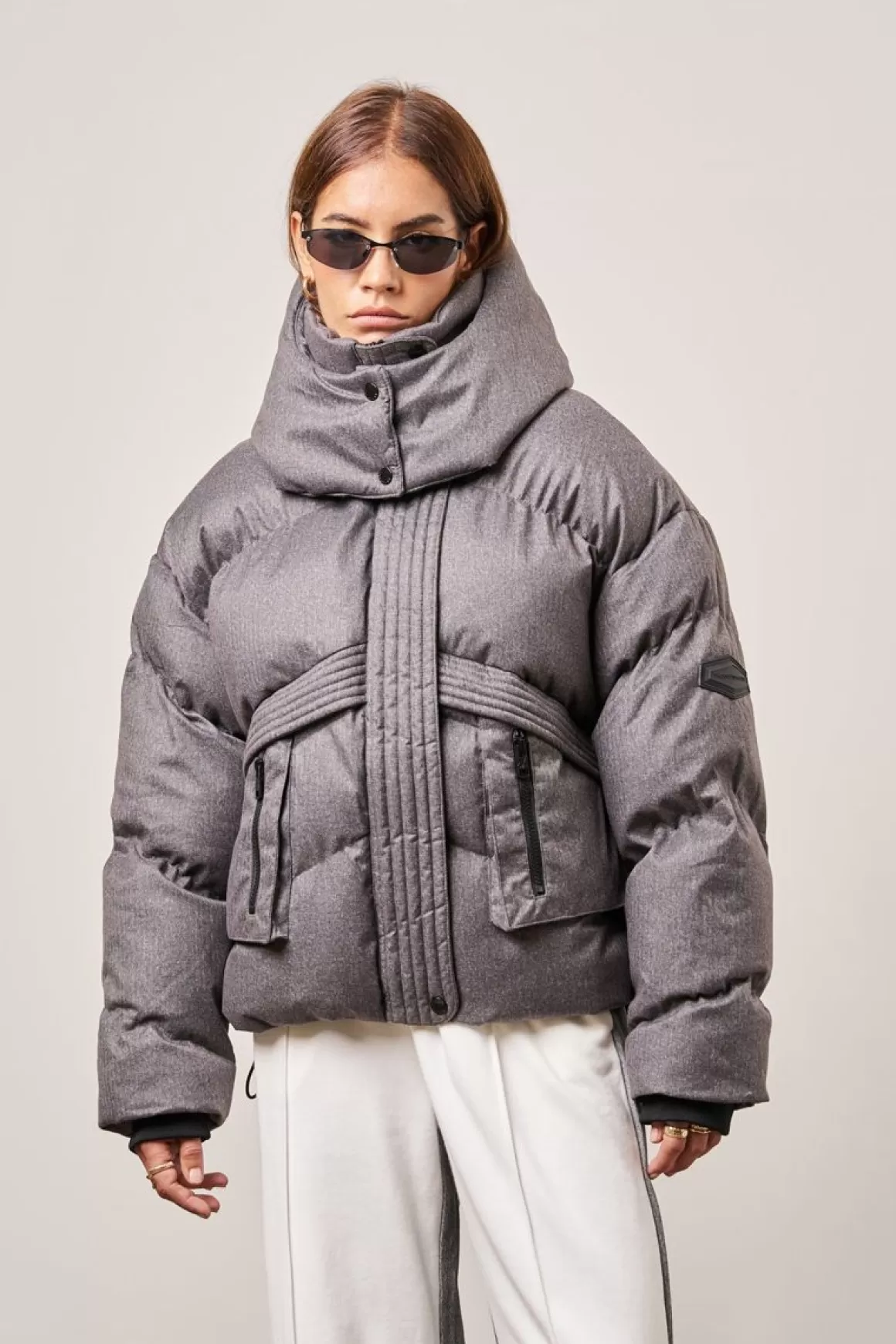 The Couture Club Coats & Jackets>Oversized Tie Hem Puffer Jacket Grey