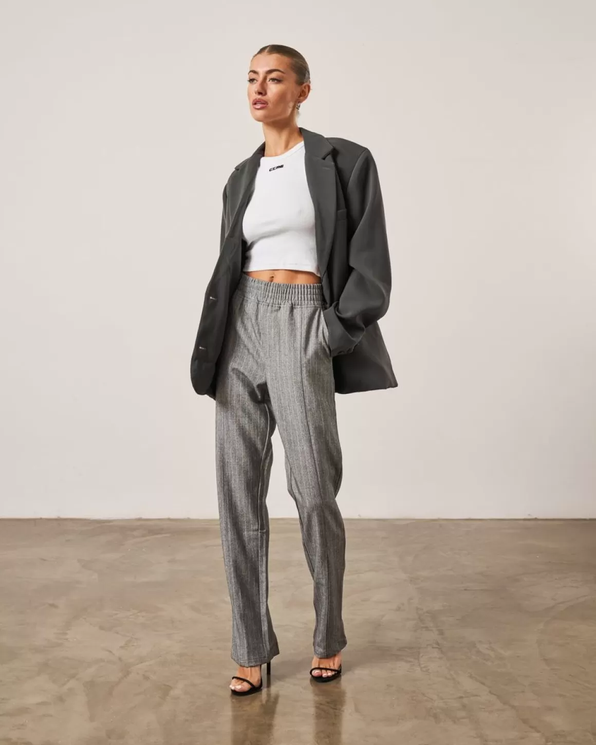 The Couture Club Bottoms>Pinstripe Smart Zip Hem Tailored Trouser Grey