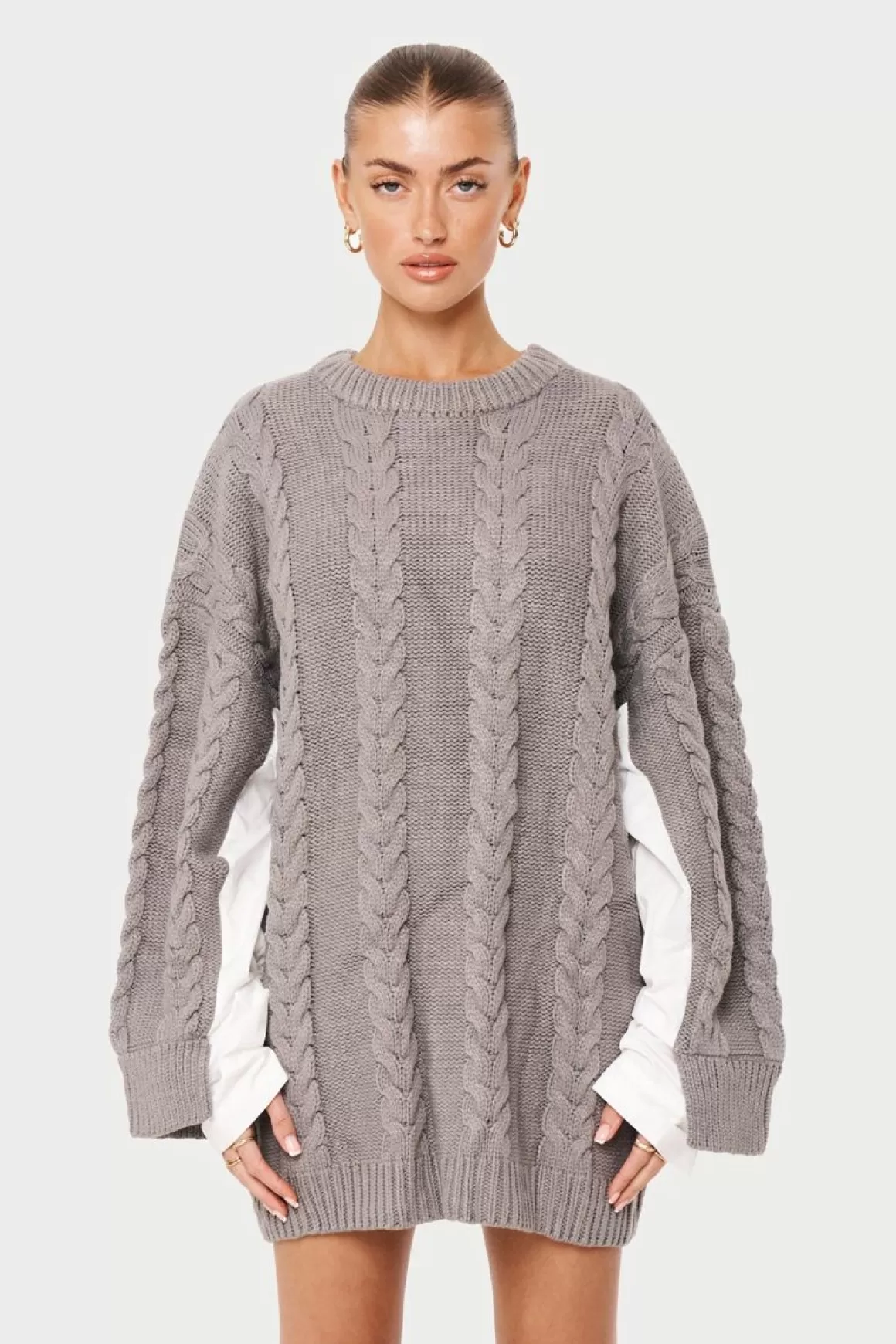 The Couture Club Dresses>Poplin Panel Cable Jumper Dress Grey