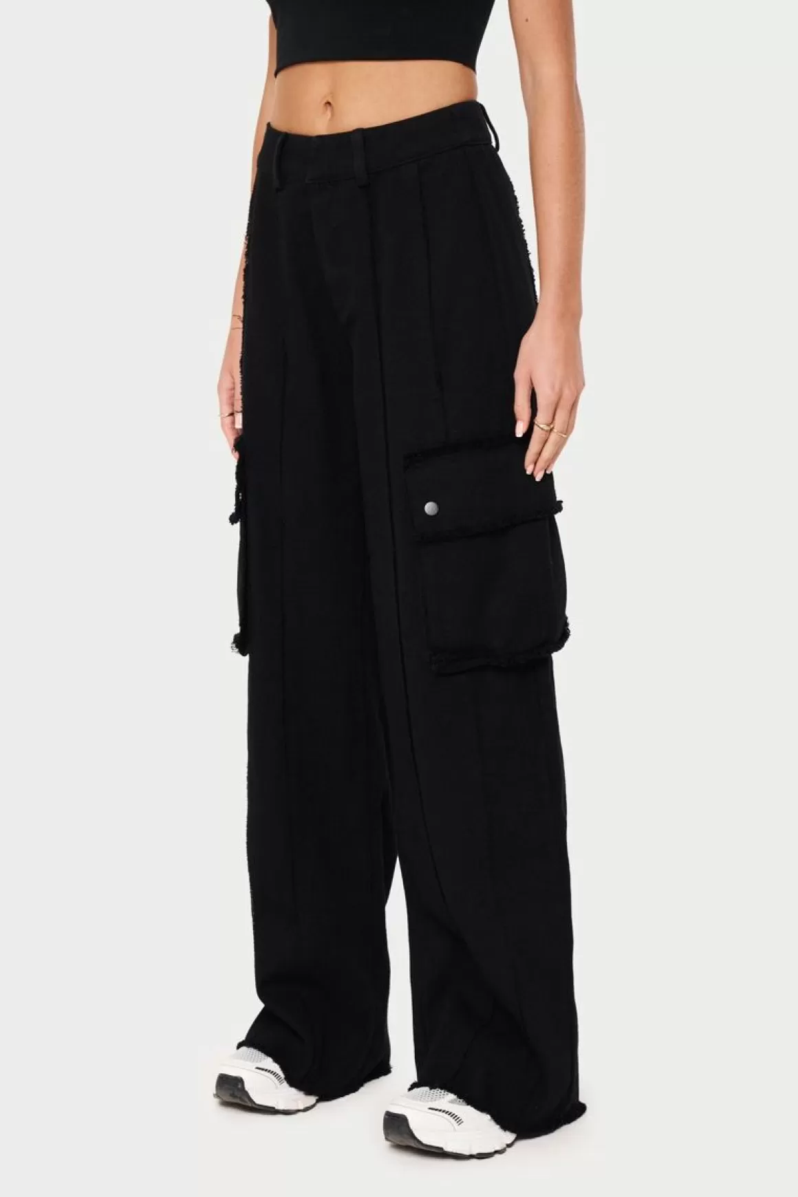 The Couture Club Bottoms>Raw Seam Detail Wide Leg Cargo Black