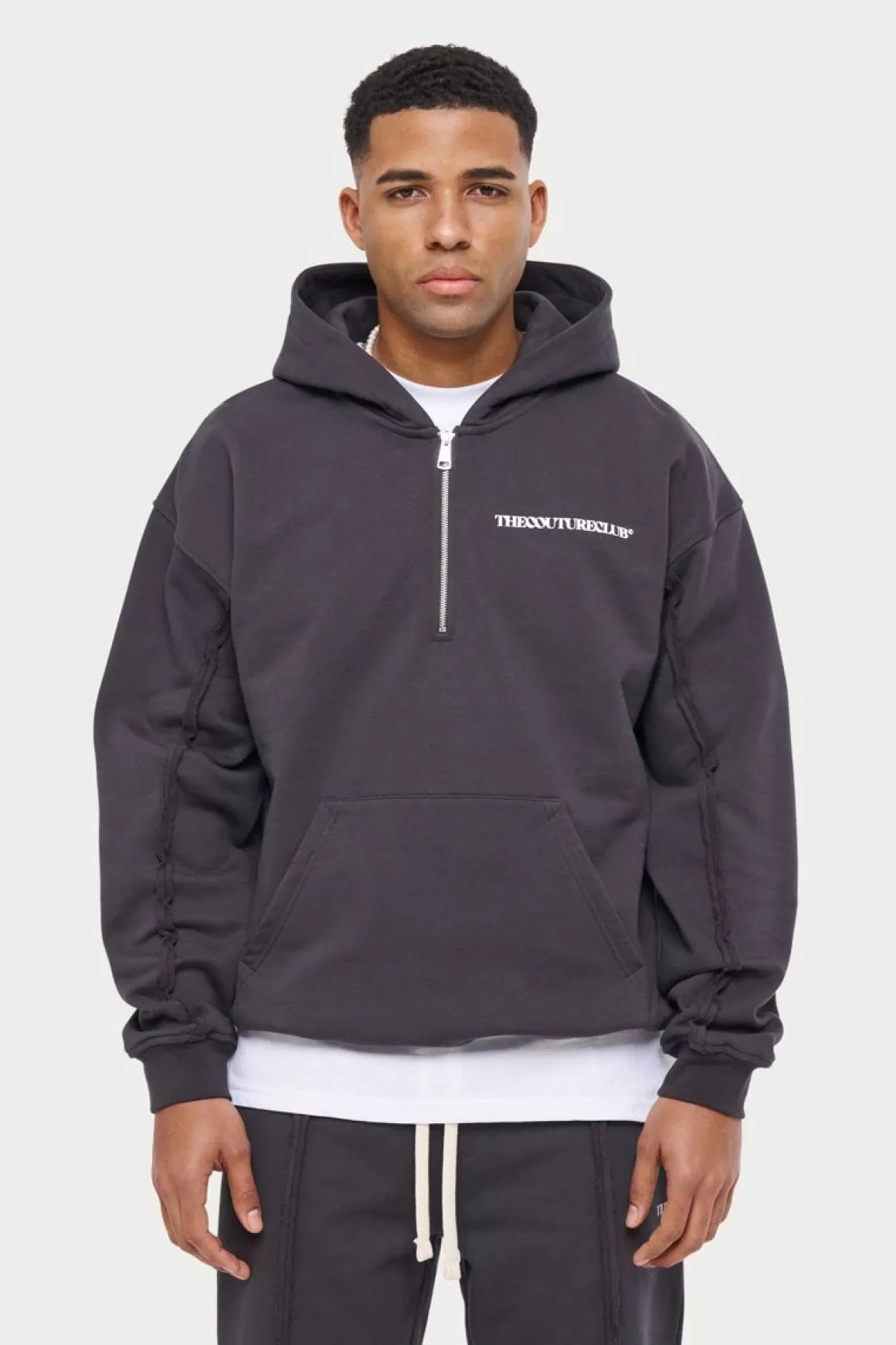 The Couture Club Twinsets>Raw Seam Quarter Zip Hoodie Charcoal