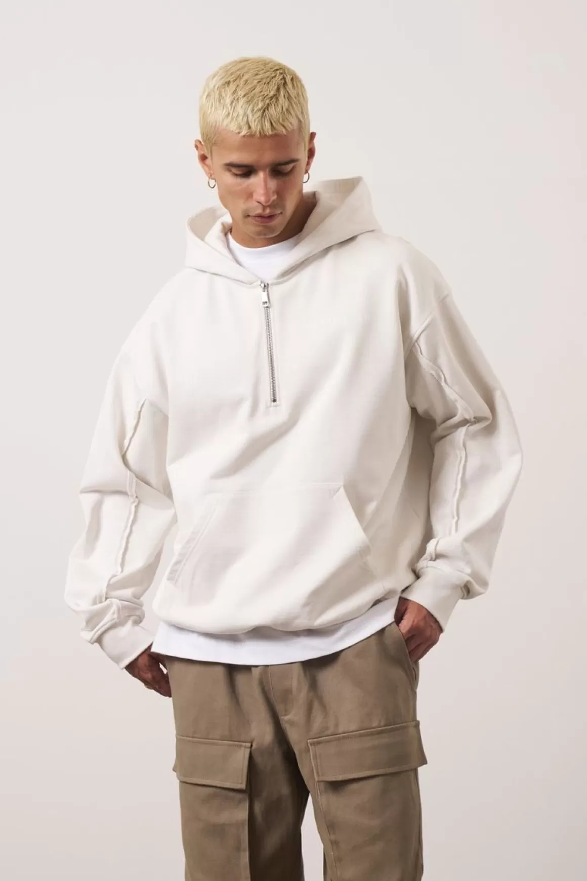 The Couture Club Hoodies>Raw Seam Quarter Zip Hoodie Offwhite