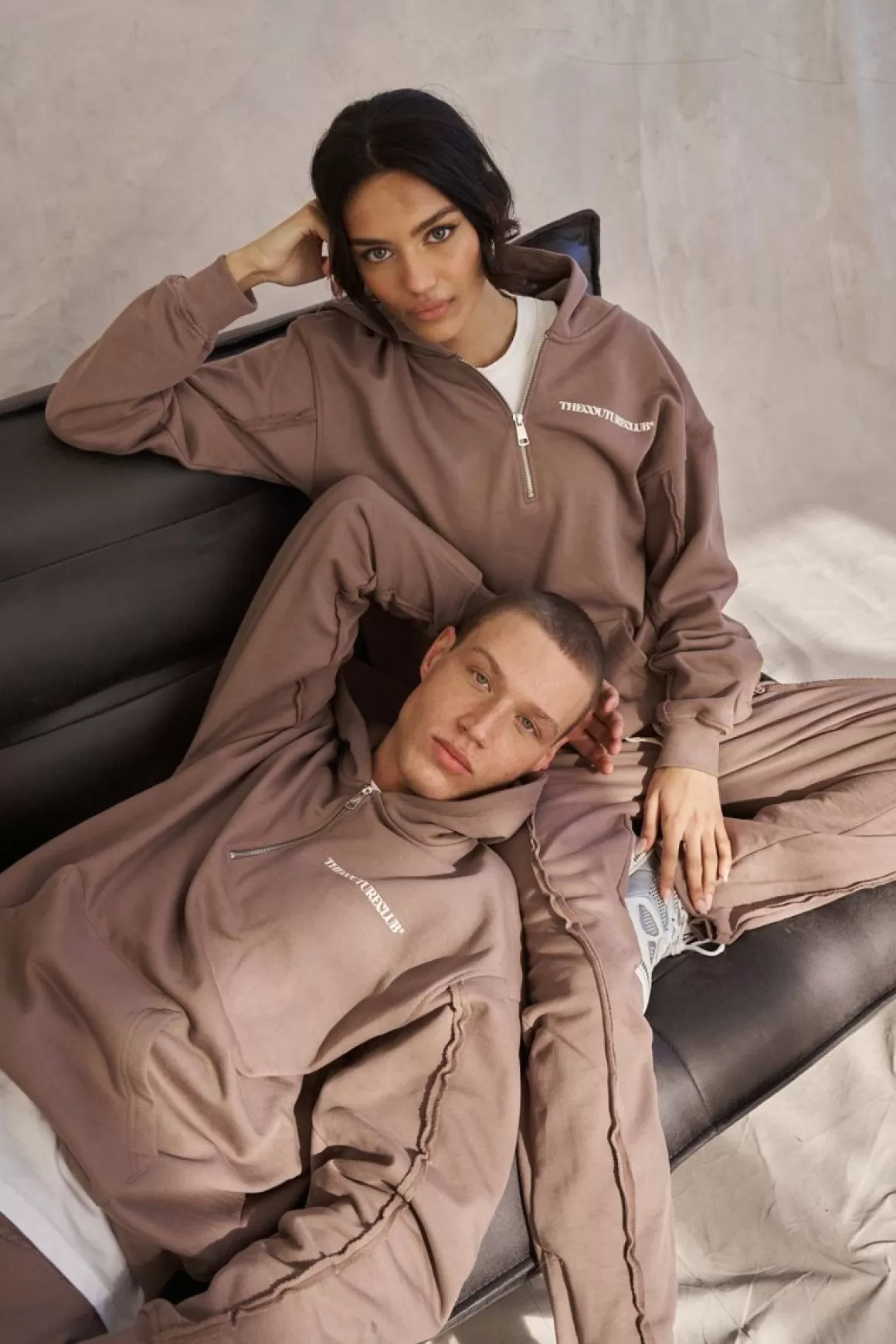 The Couture Club Tracksuits>Raw Seam Quarter Zip Hoodie Mocha