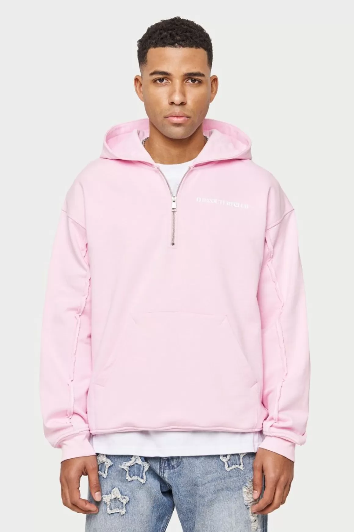 The Couture Club Hoodies>Raw Seam Quarter Zip Hoodie Pink