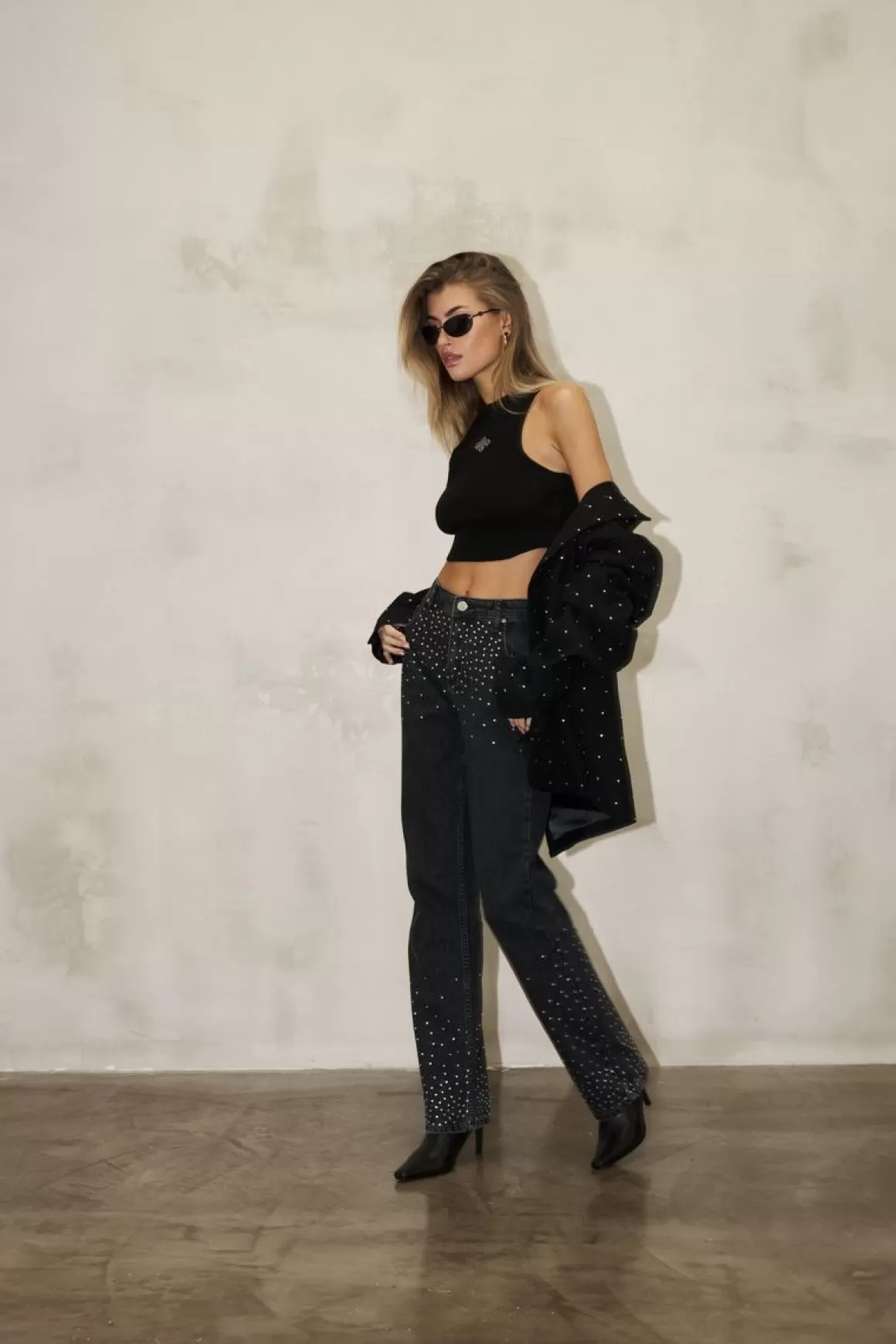 The Couture Club Jeans>Rhinestone Straight Leg Jeans Washedblack