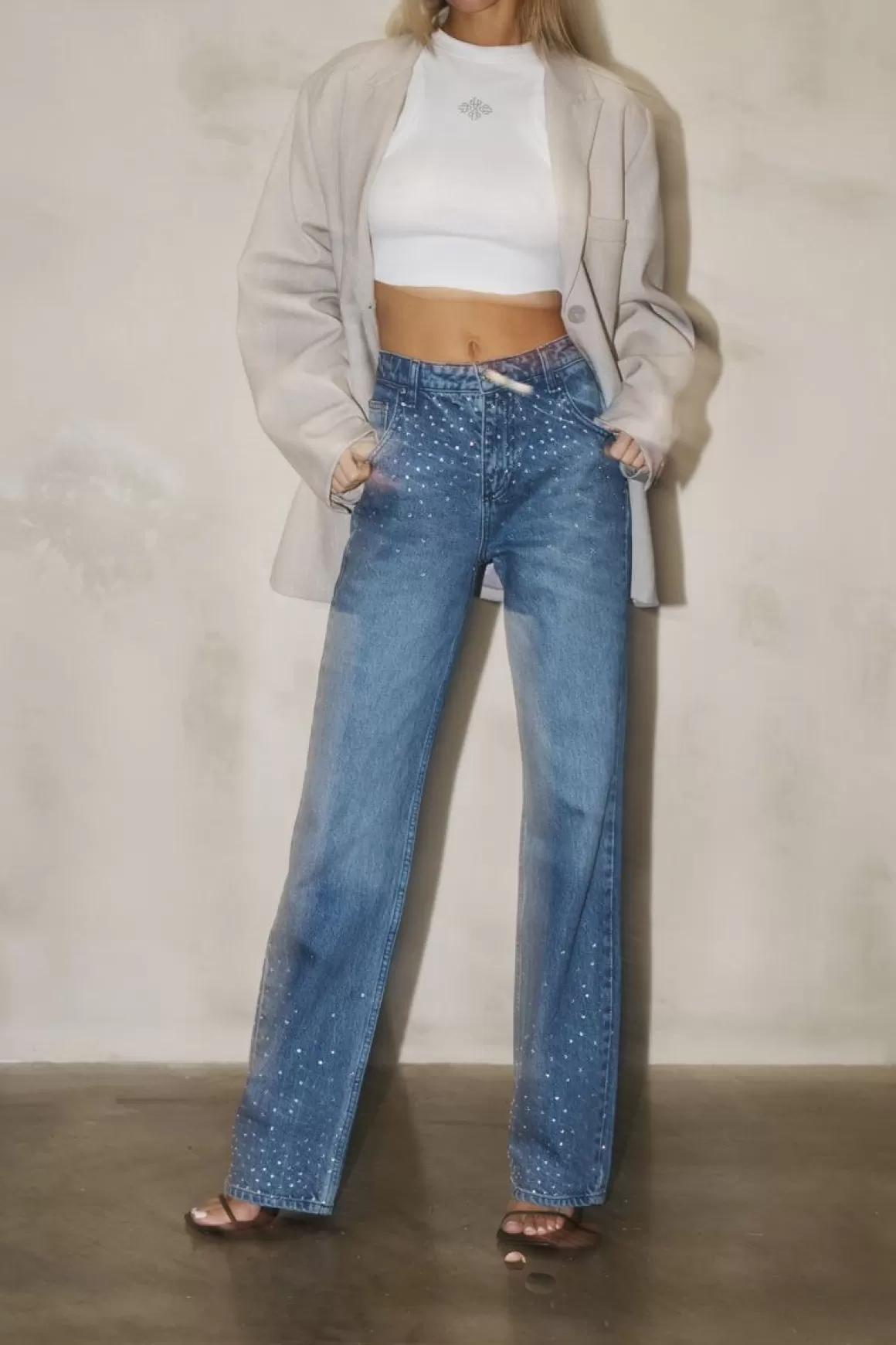 The Couture Club Jeans>Rhinestone Straight Leg Jeans Blue