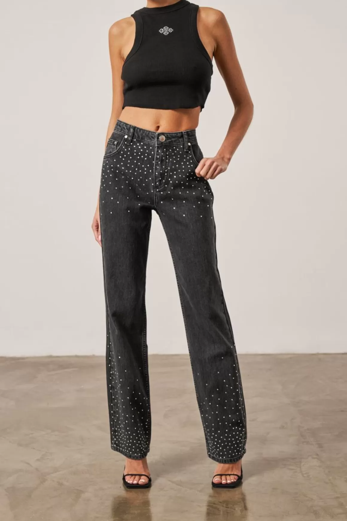 The Couture Club Jeans>Rhinestone Straight Leg Jeans Washedblack