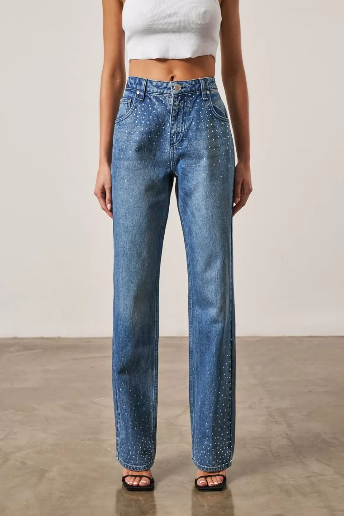 The Couture Club Jeans>Rhinestone Straight Leg Jeans Blue