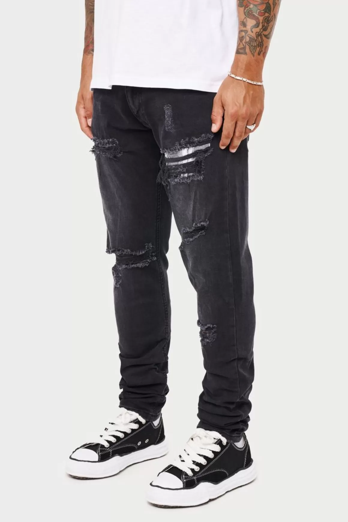 The Couture Club Bottoms>Rip And Repair Stacked Jeans Blackwash