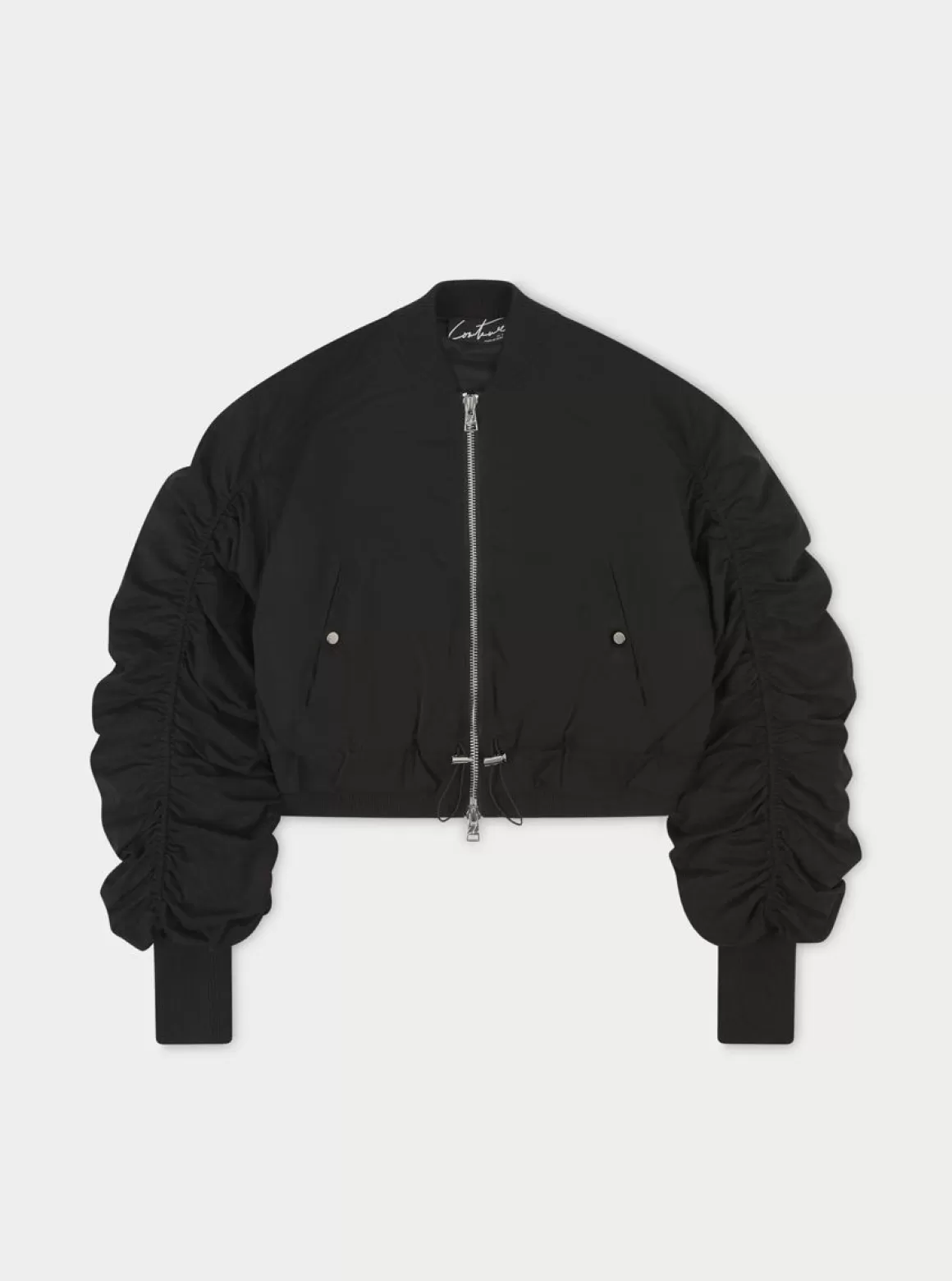 The Couture Club Coats & Jackets>Ruched Detail Peached Bomber Jacket Black