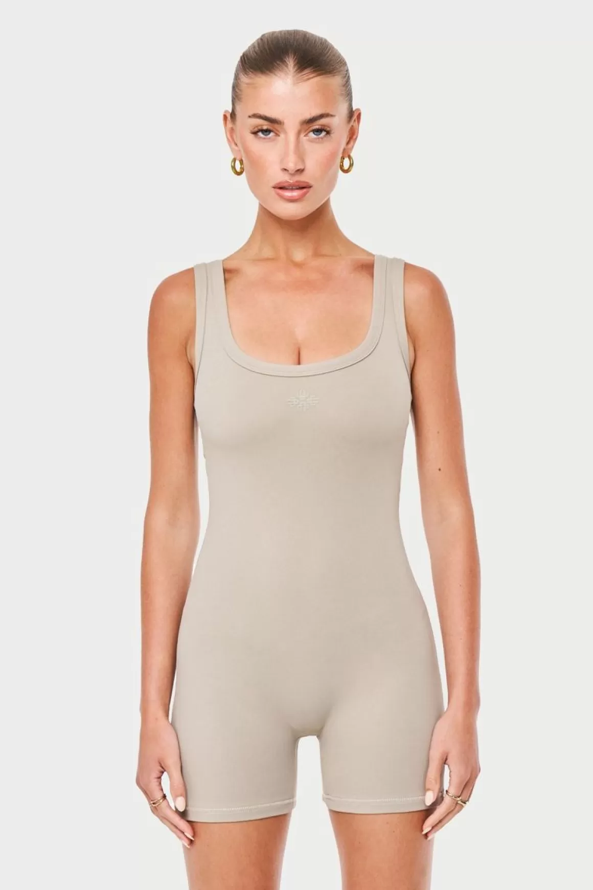 The Couture Club Unitards>Sculpting Stretch Emblem Unitard Beige