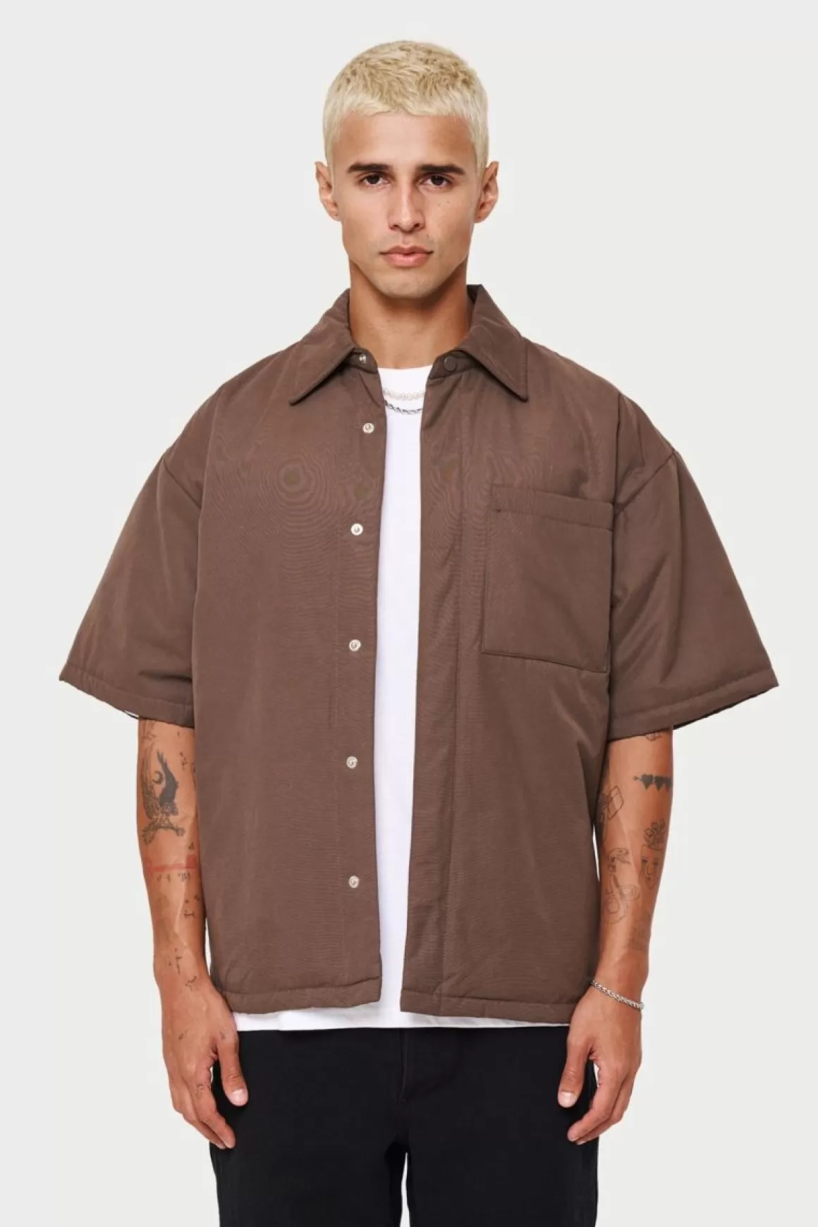 The Couture Club Shirts>Short Sleeve Padded Shirt Brown