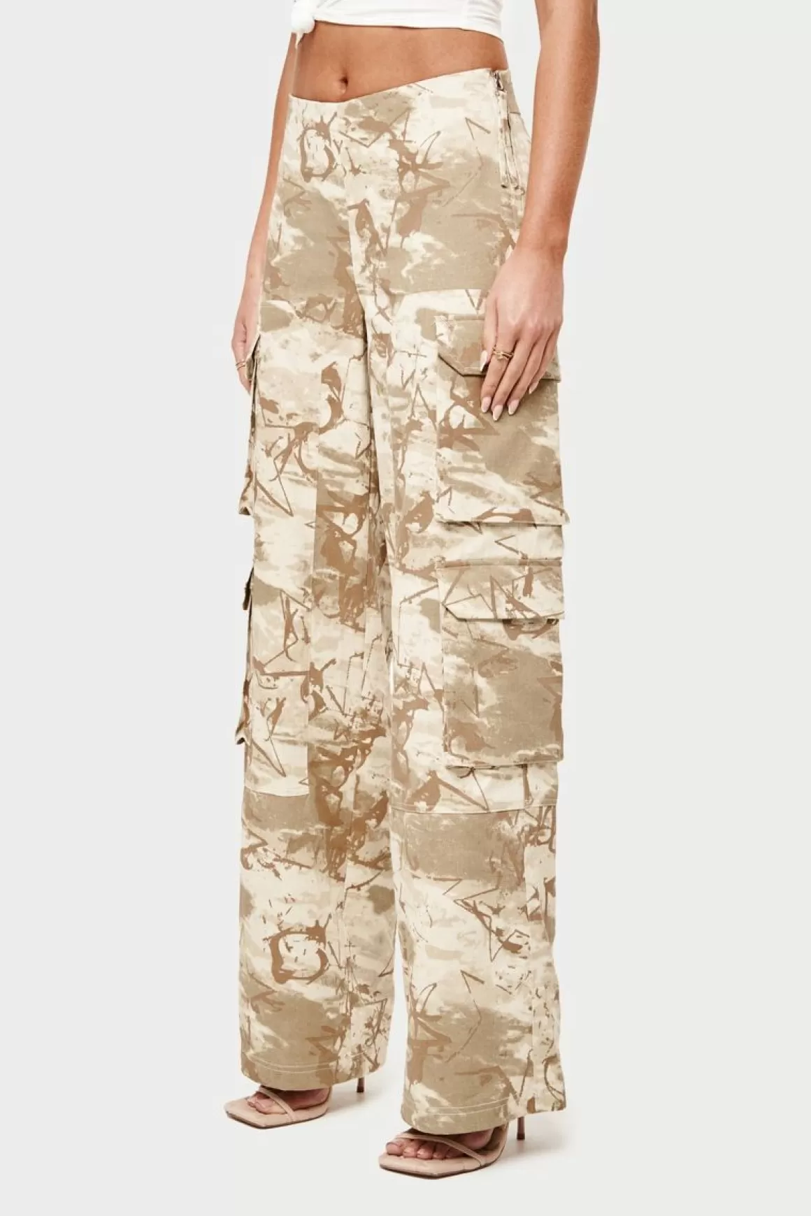 The Couture Club Cargos>Side Zip Camo Cargo Pants Beige