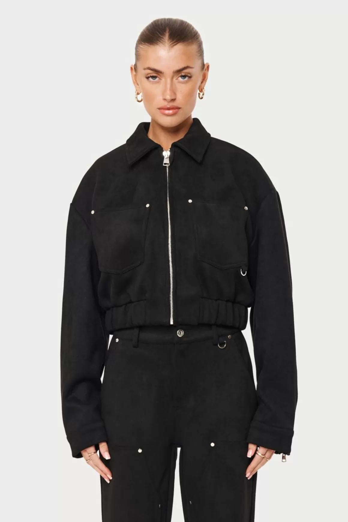 The Couture Club Coats & Jackets>Suede Cropped Carpenter Bomber Jacket Black