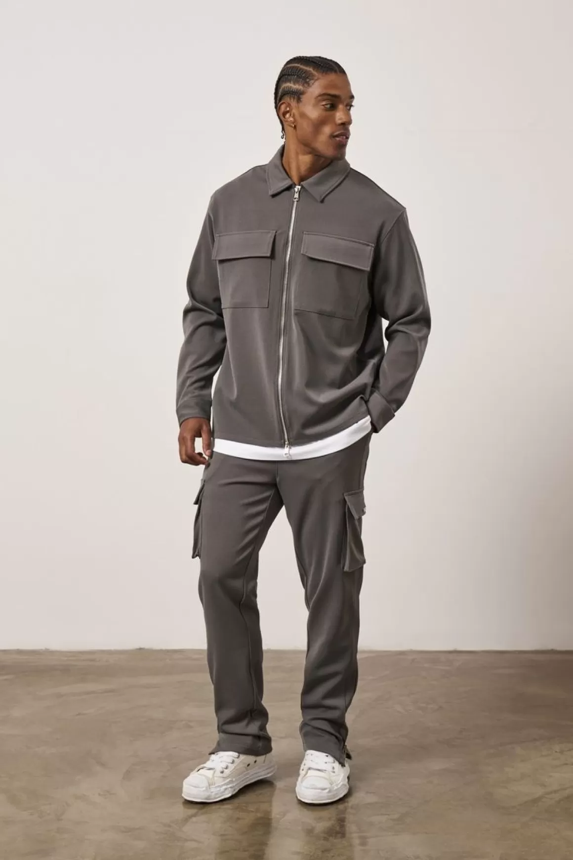 The Couture Club Twinsets>Technical Rib Zip Through Shacket Charcoal