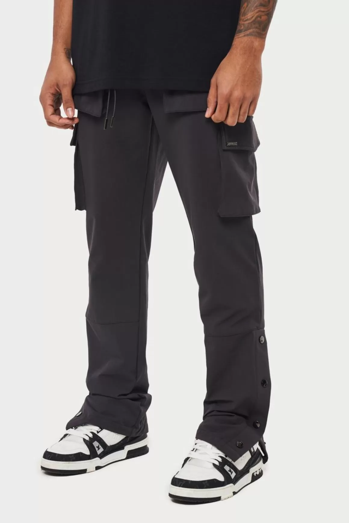 The Couture Club Cargo Pants>Technical Stretch Popper Detail Cargo Pants Charcoal