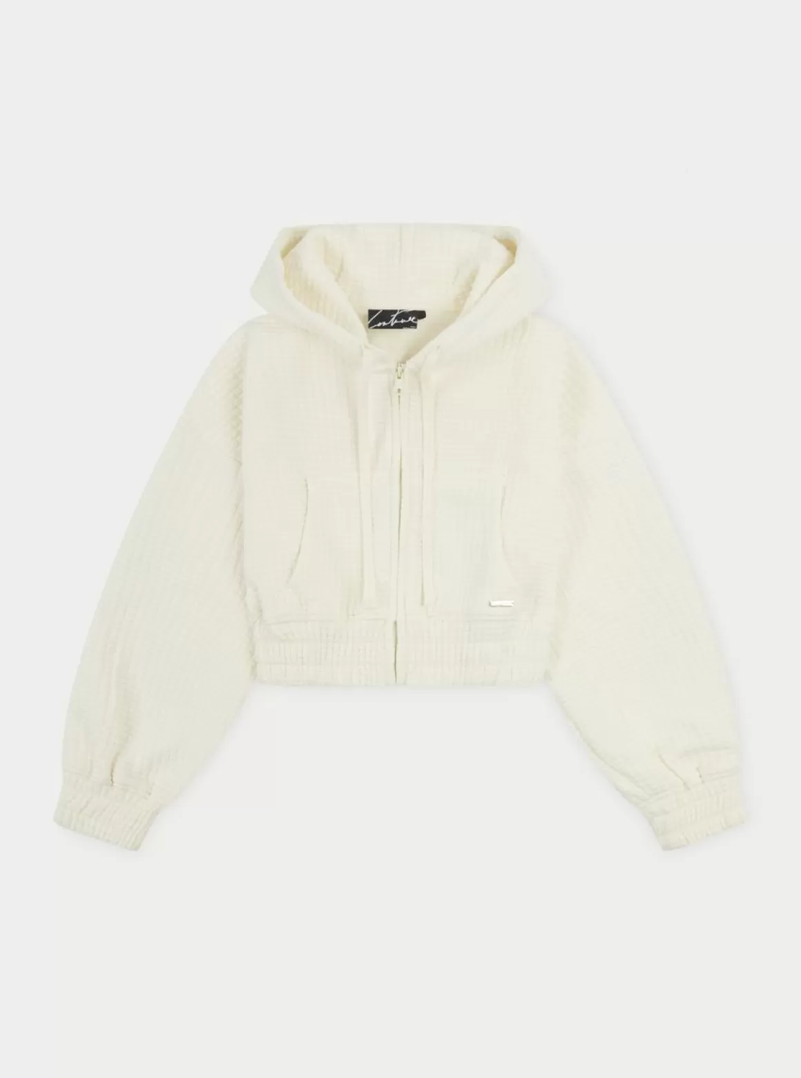 The Couture Club Hoodies>Waffle Cropped Zip Through Cropped Hoodie Cream