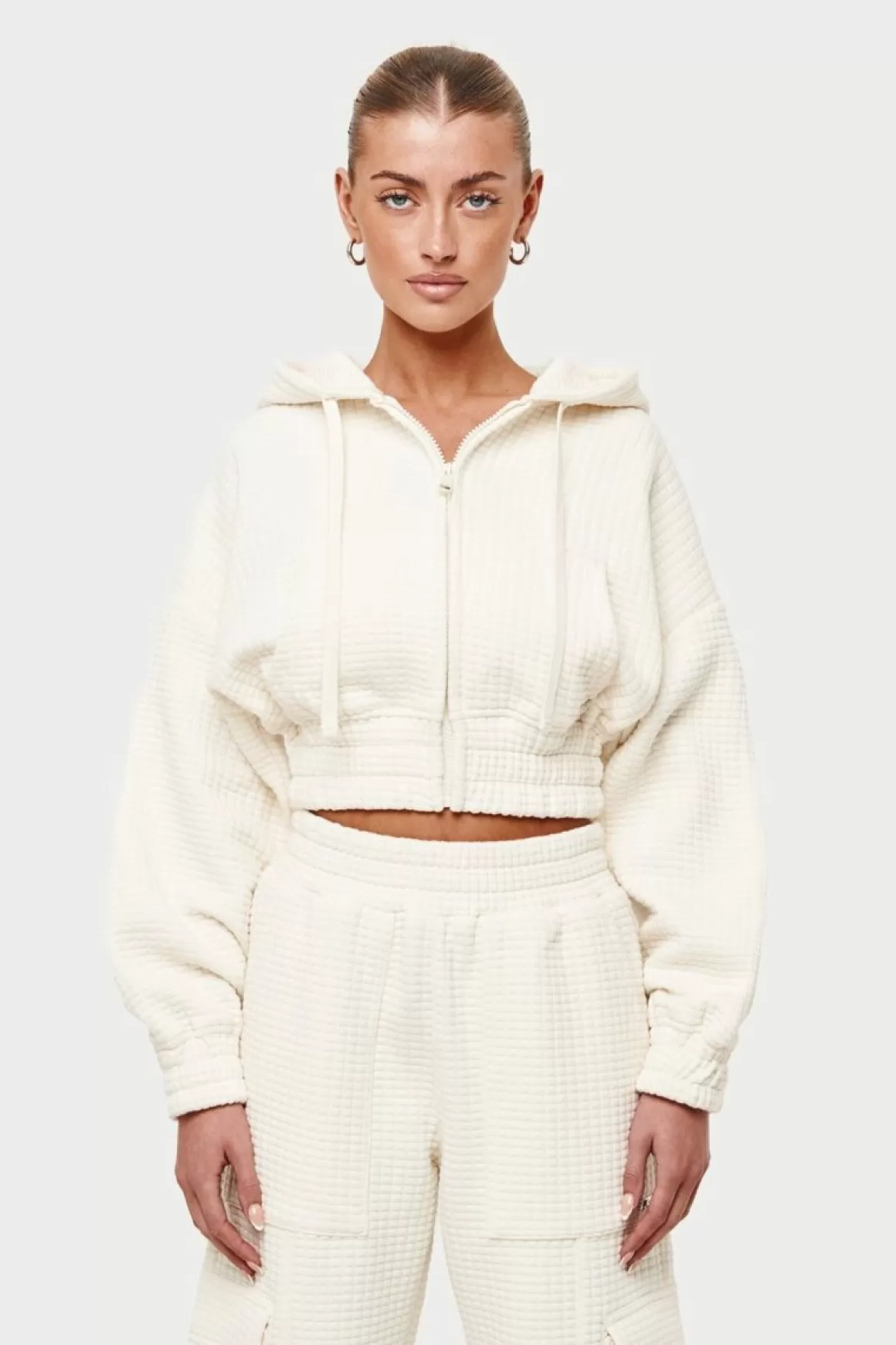 The Couture Club Tracksuits>Waffle Cropped Zip Through Cropped Hoodie Cream